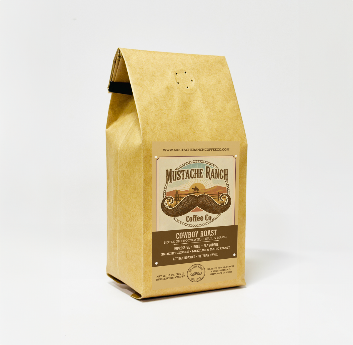 Kraft paper coffee bag with 'Mustache Ranch Coffee Co.' branding on a white background
