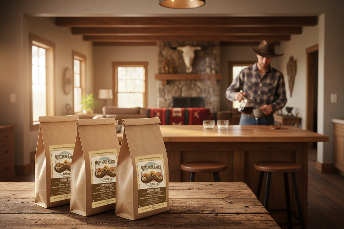 Three coffee bags on a wooden table with a person in a cowboy hat standing in the background.