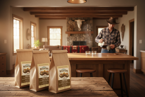 Three coffee bags on a wooden table with a person in a cowboy hat standing in the background.