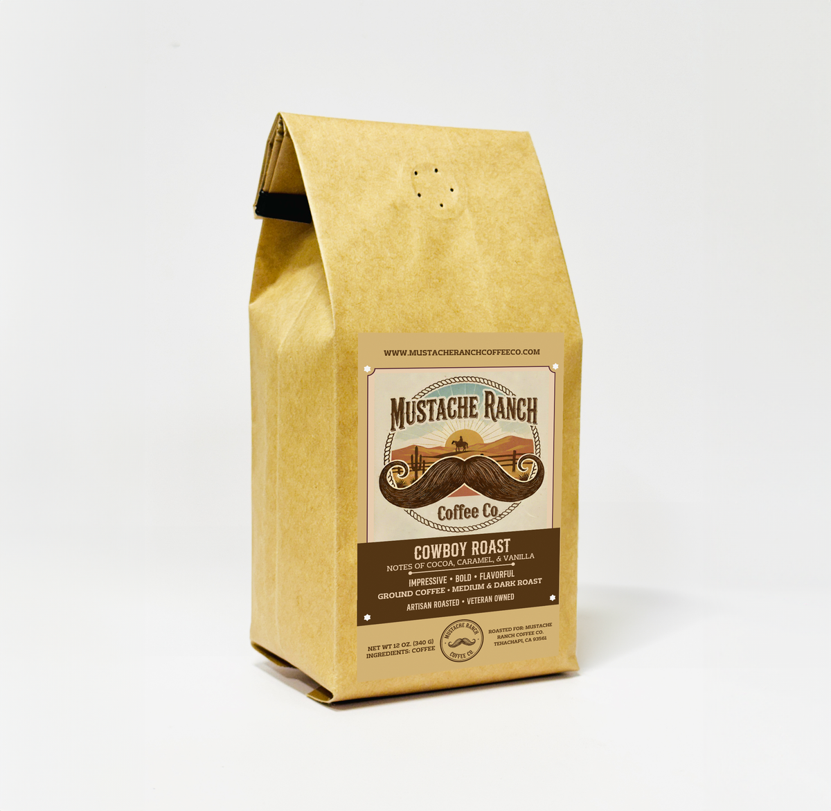 Kraft paper coffee bag with 'Mustache Ranch Coffee Co.' label on a white background
