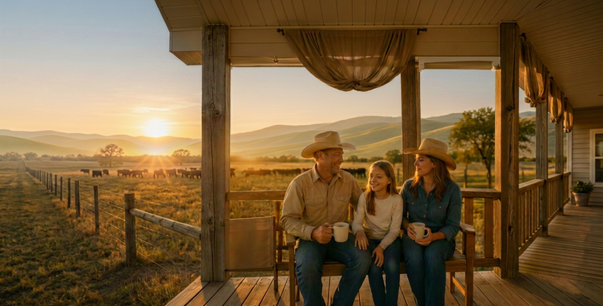 Three people sitting on a porch, drinking coffee, with a scenic view of a sunset over a field and mountains.