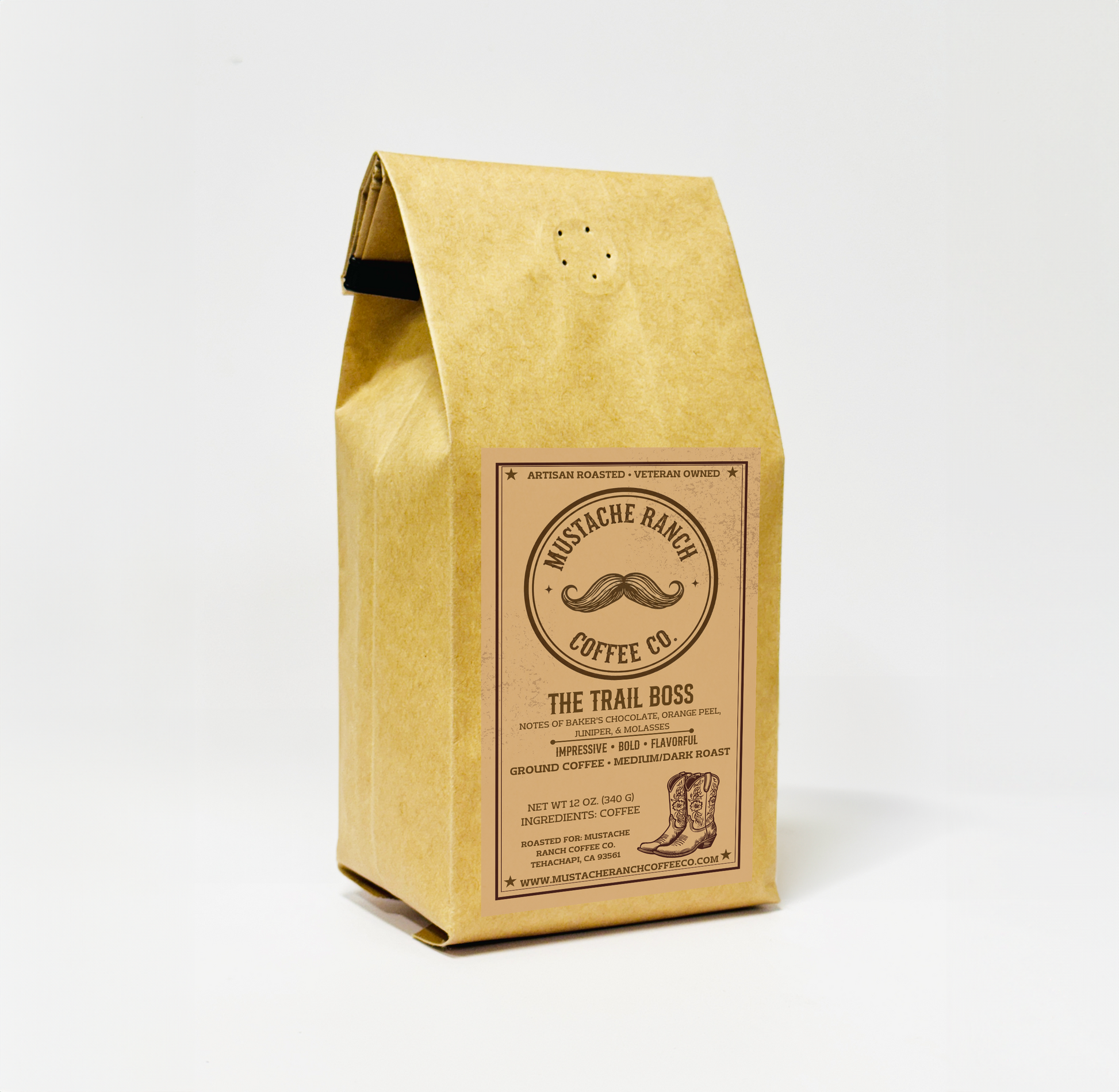 Kraft paper coffee bag with 'Mustache Ranch Coffee Co' label on a white background
