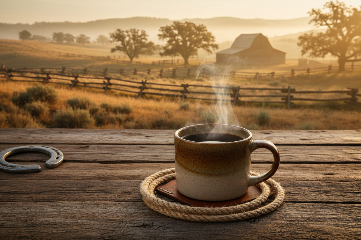 A cup of coffee at a ranch setting