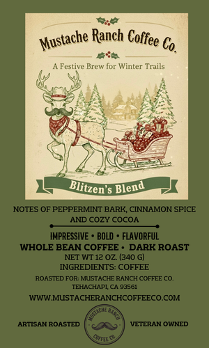 Mustache Ranch Coffee Co. Blitzen's Blend holiday coffee label featuring a festive reindeer with a mustache pulling a sleigh, winter forest background, and artisan branding.