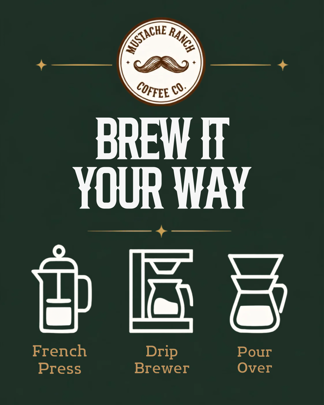 Mustache Ranch Coffee Co. dark green graphic reading 'Brew It Your Way' with white line icons for French Press, Drip Brewer, and Pour Over.