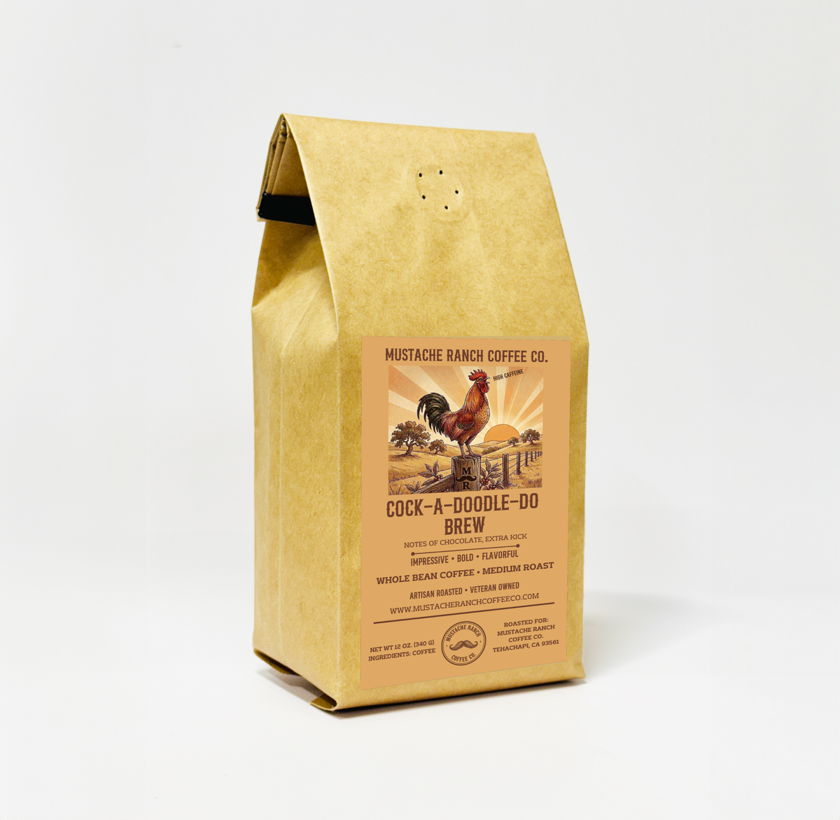 12 oz brown kraft bag of Mustache Ranch Coffee Co. Cock-A-Doodle-Do Brew high-caffeine whole bean coffee against a white background.