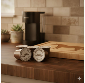 Mustache Ranch Coffee Co. coffee pods sitting on a wooden kitchen counter with a coffee machine in the background, showing a cozy, at-home coffee brewing experience.