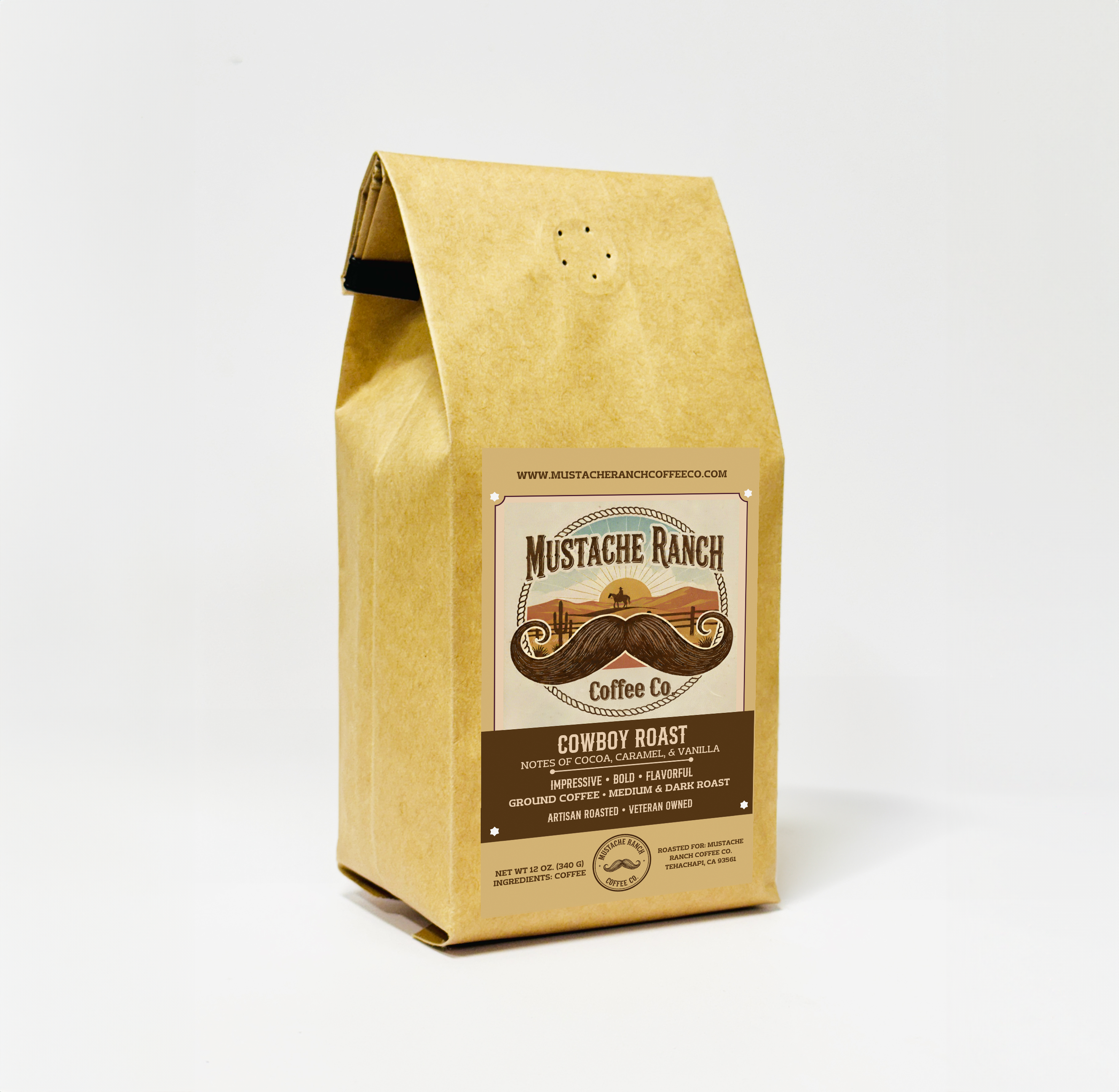 Mustache Ranch Coffee Co. Cowboy Roast medium-dark roast coffee in a kraft paper bag with a western-style mustache logo and branding on a white background.
