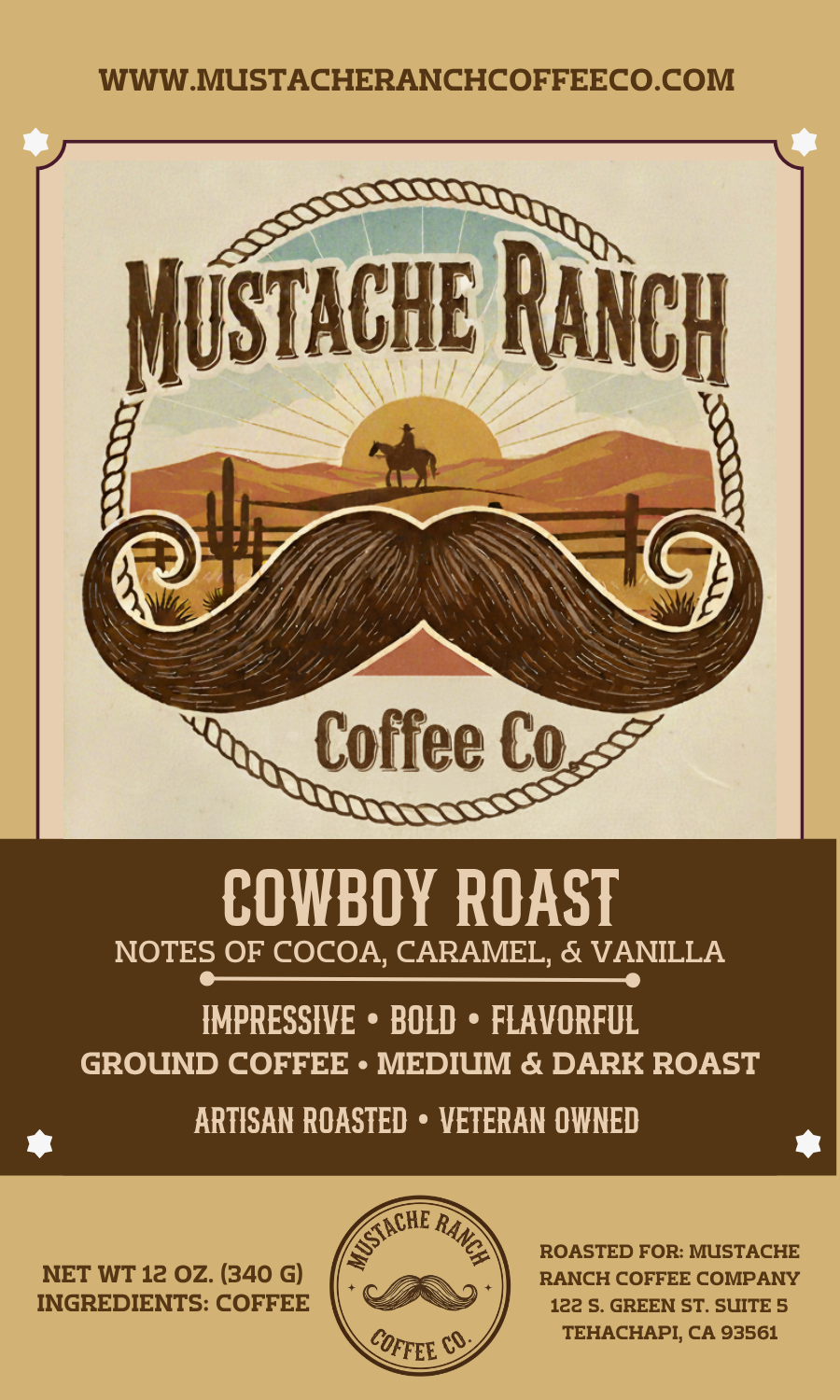 Vintage-style coffee label for "Cowboy Roast" featuring a large handlebar mustache silhouette against a desert sunset with a cowboy on horseback. The background is a weathered parchment texture with ornate western scrollwork borders. Text includes "Notes of Cocoa, Caramel, & Vanilla" and "Mustache Ranch Coffee Co."