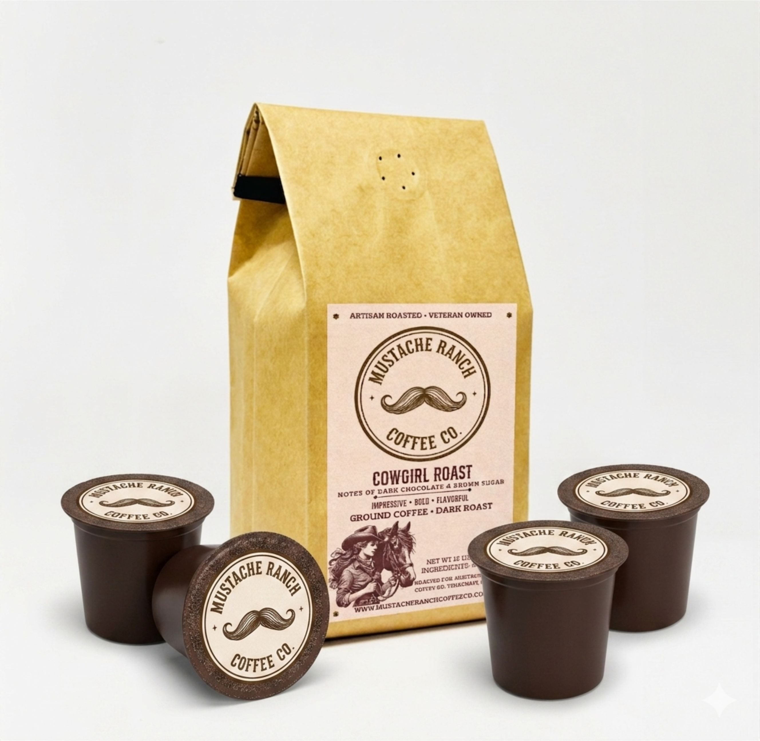 Mustache Ranch Coffee Co. Cowgirl Roast coffee bag displayed alongside four single-serve coffee pods on a white background, highlighting both packaging options.
