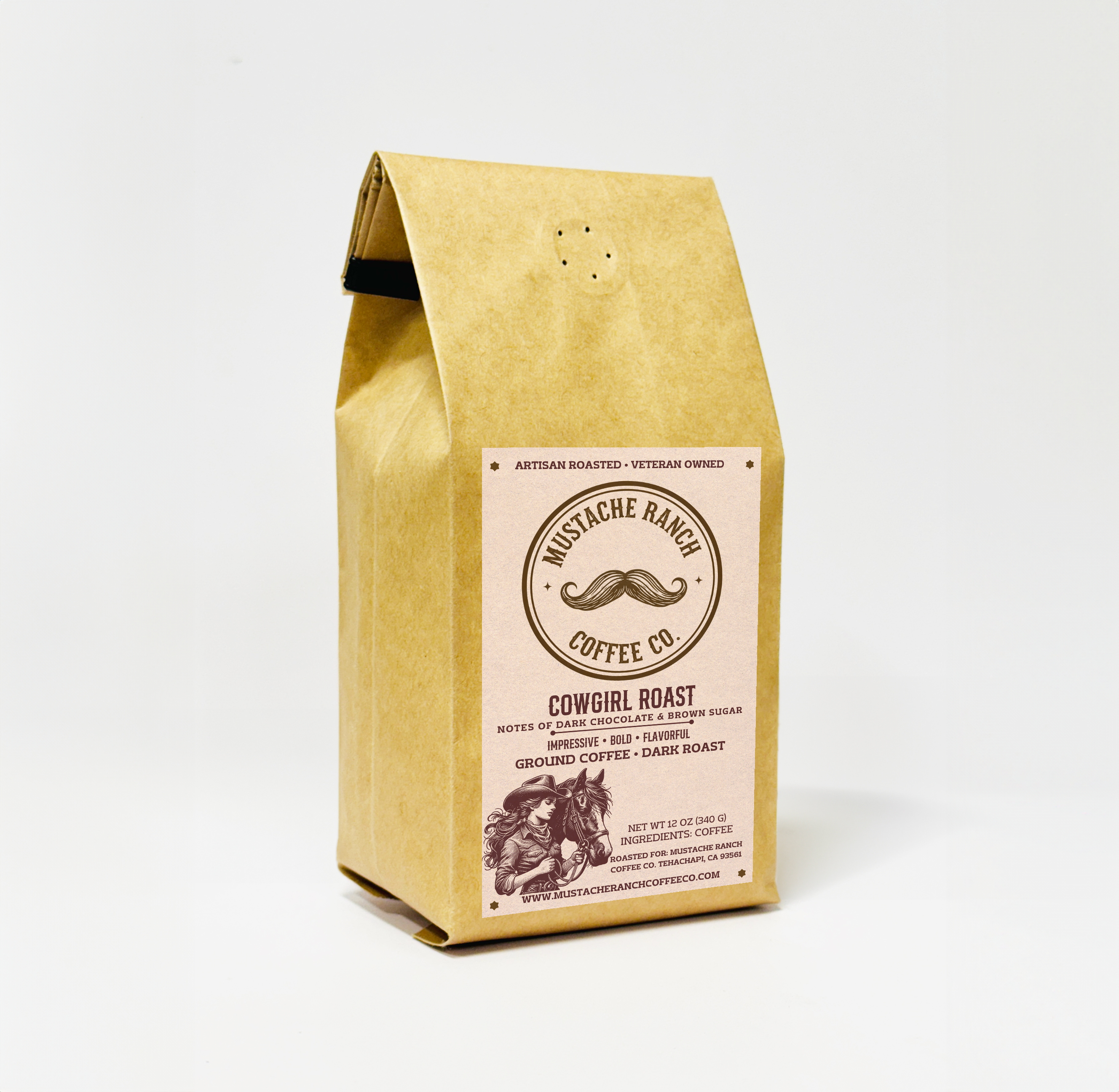 Mustache Ranch Coffee Co. Cowgirl Roast 6-bean espresso blend in a kraft paper bag with a woman rider illustration and western-style branding on a white background.
