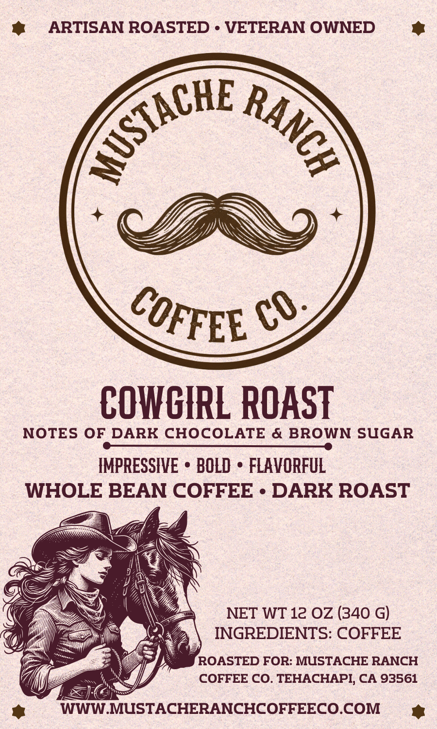 Mustache Ranch Coffee Co. Cowgirl Roast coffee label design featuring a cowgirl on horseback in a desert landscape, western typography, and artisan branding.