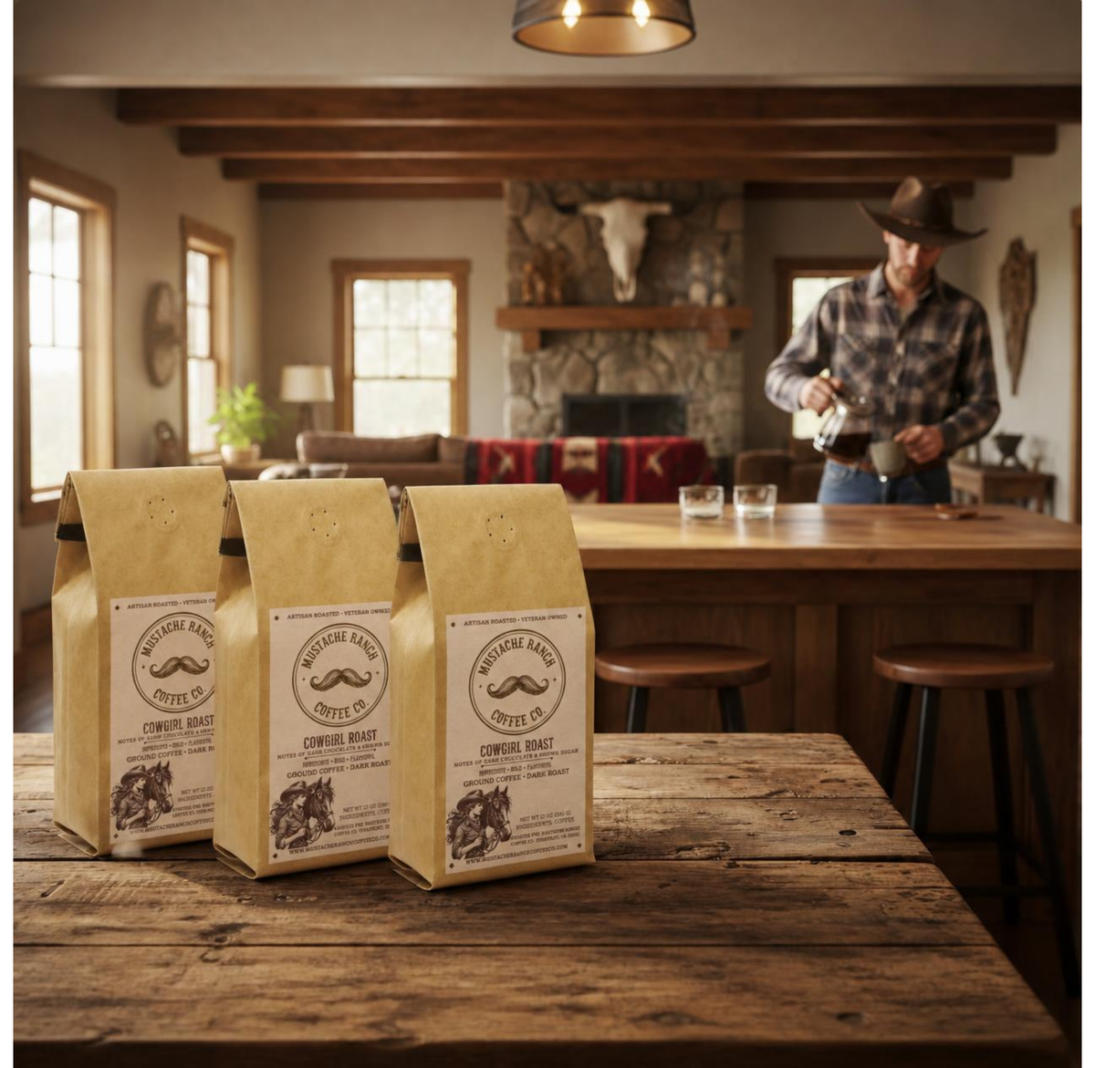 Three kraft bags of Mustache Ranch Coffee Co. Cowgirl Roast espresso blend displayed on a rustic wooden table with a cowboy pouring coffee in a ranch kitchen background.