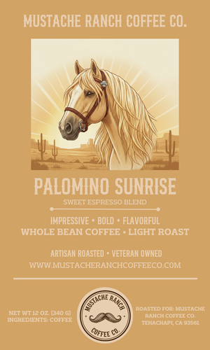 Mustache Ranch Coffee Co. Palomino Sunrise coffee label design featuring a beautiful palomino horse illustration, western desert background, and elegant typography.