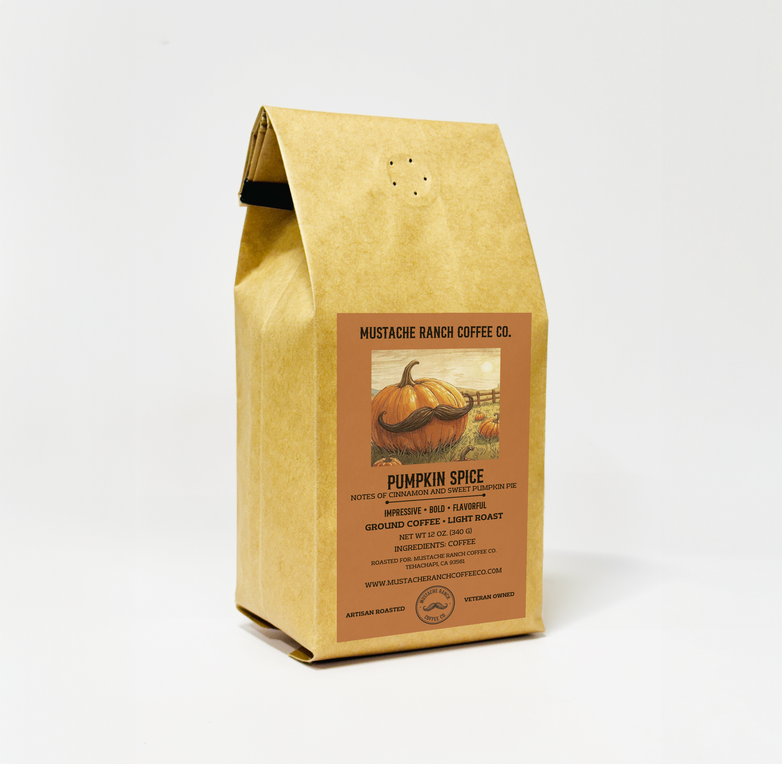 Mustache Ranch Coffee Co. Pumpkin Spice medium roast coffee in a kraft paper bag with a seasonal pumpkin illustration and western-style branding on a white background.