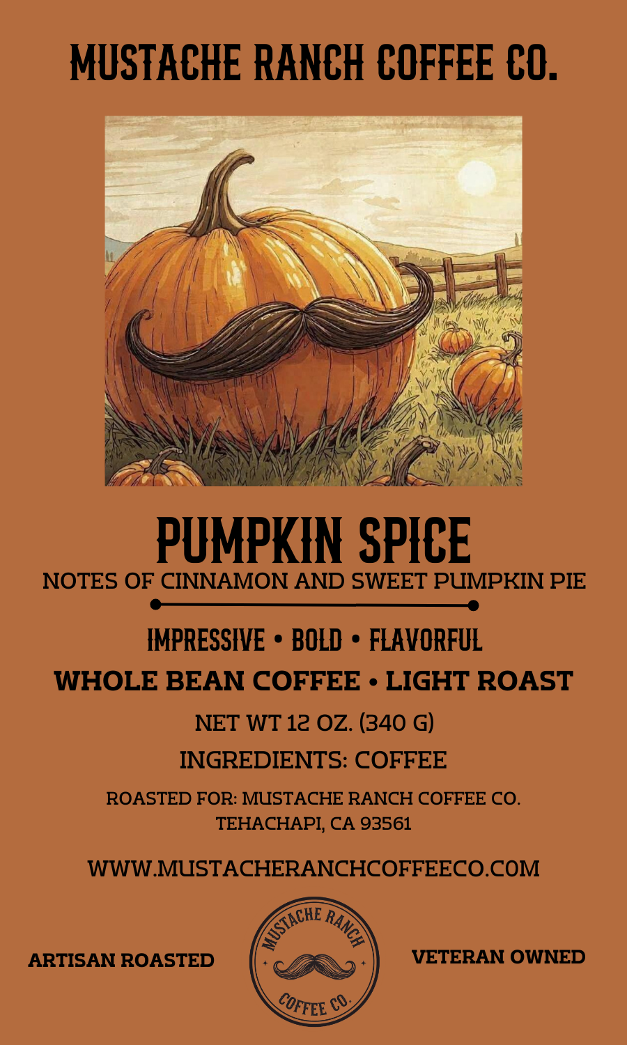 Mustache Ranch Coffee Co. Pumpkin Spice coffee label design featuring a large pumpkin with a signature handlebar mustache, autumn aesthetic, and artisan western branding.