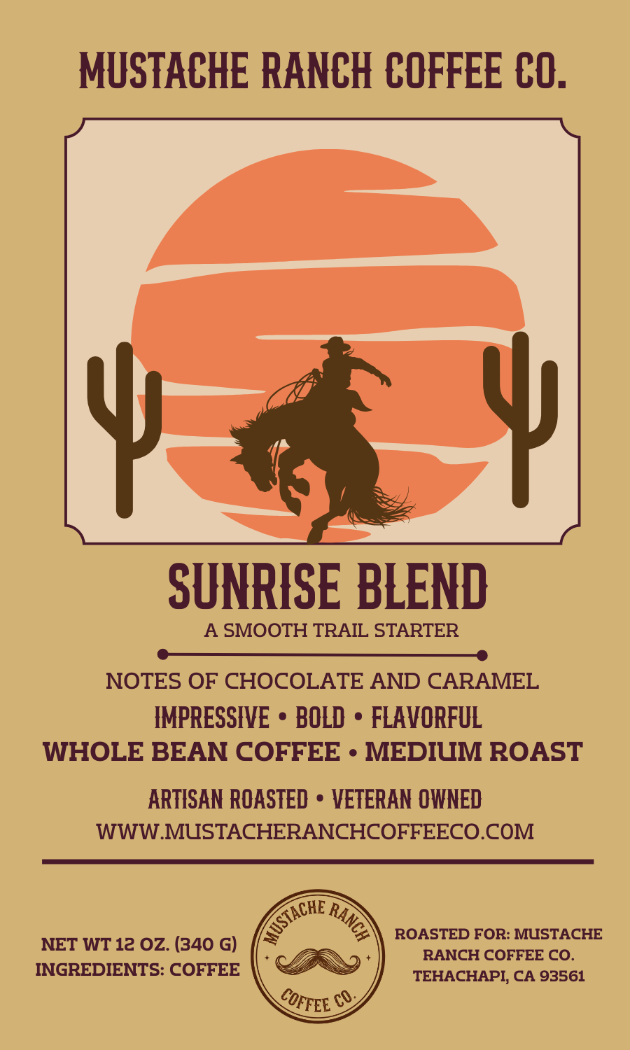 Mustache Ranch Coffee Co. Sunrise Blend coffee label design featuring a cowboy on horseback silhouetted against a sunrise, cacti, and artisan western branding.