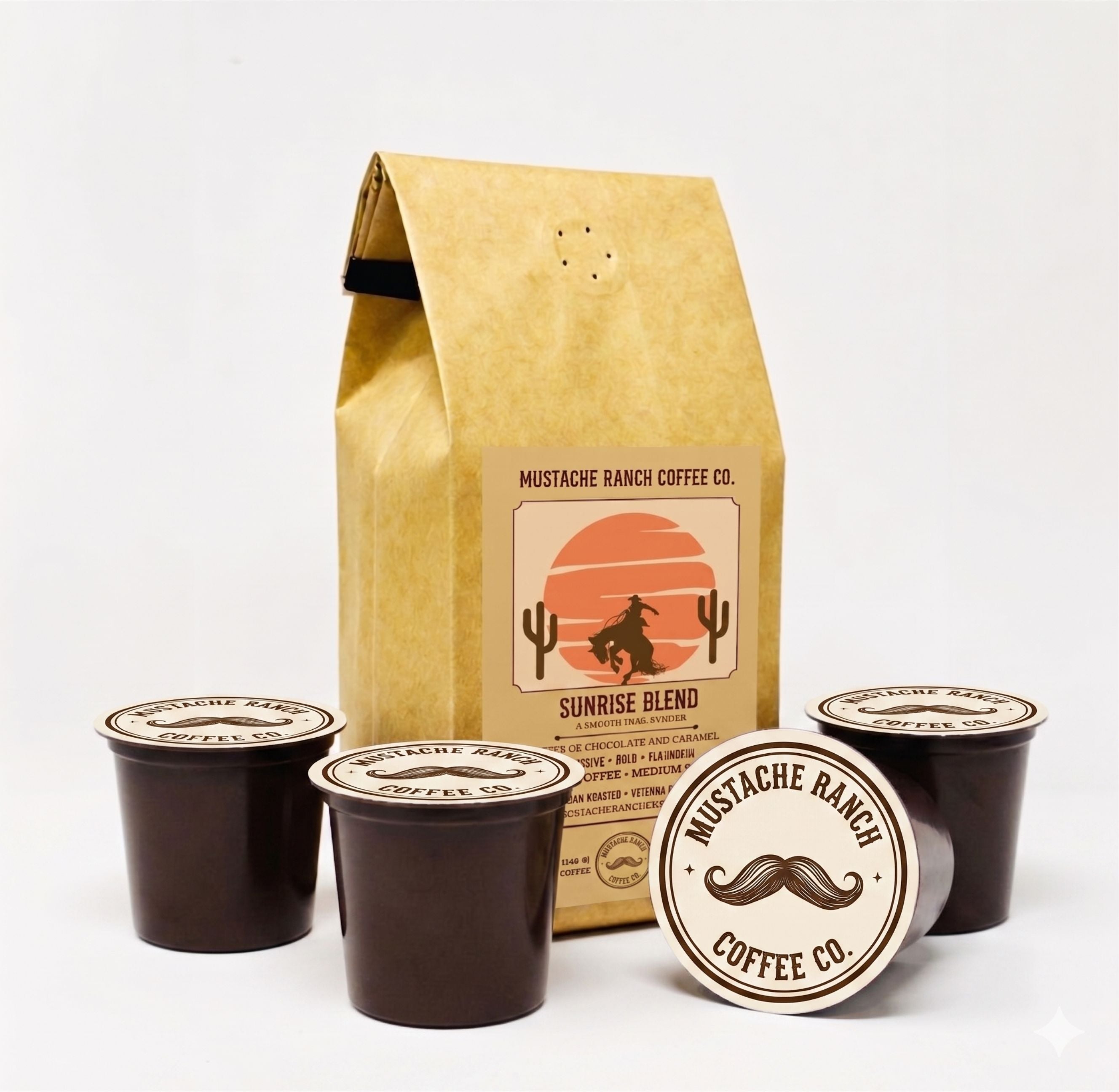 Mustache Ranch Coffee Co. Sunrise Blend coffee pods paired with a kraft paper bag on a white background, demonstrating both pod and bag packaging options.