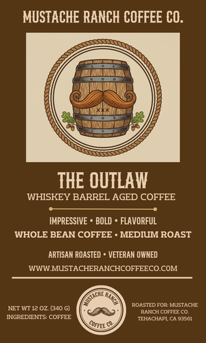 Mustache Ranch Coffee Co. The Outlaw coffee label design featuring a whiskey barrel illustration with a handlebar mustache, western typography, and artisan branding.