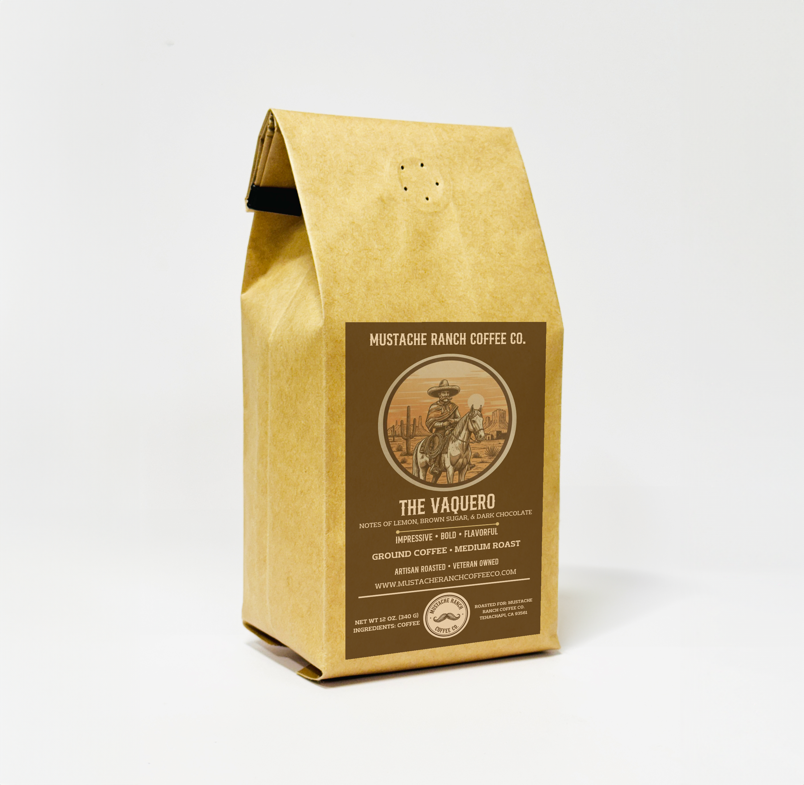 Mustache Ranch Coffee Co. The Vaquero medium roast coffee in a kraft paper bag with a cowboy horse rider illustration and western-style branding on a white background.