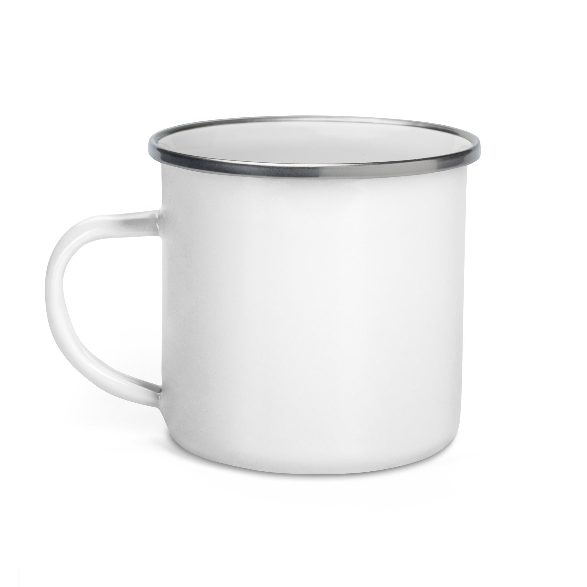 Back view of the 12 oz. Mustache Ranch Coffee Co. white enamel mug with a silver rim and handle, displayed on a clean white background.