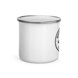 Side view of the 12 oz. Mustache Ranch Coffee Co. white enamel mug with a silver rim, featuring a partial view of the black logo on a clean white background.